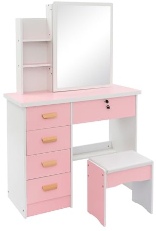 Donened – Sminkbord med spegel, 5 lådor och pall, klädbord, modernt sovrum makeup, för hus, lägenheter, sovsalar, 80 × 35 × 128 cm (rosa)