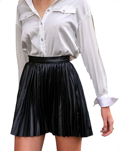EMOTTOS Falda Corta Plisada de Cuero sintético Mujer, Cintura Alta elástica, Minifalda Cremallera Invisible, Faldas en línea A Informal Fiestas y Festivales, Negro, S