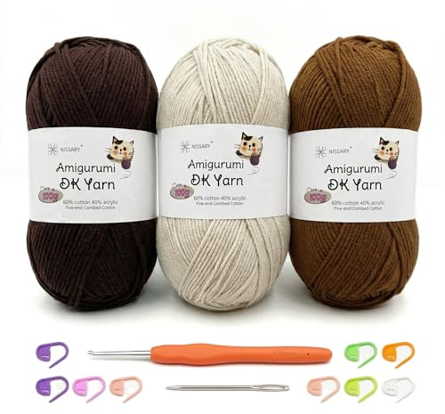 Nissary Häkelgarn 3x100g, Wolle Zum Häkeln & Stricken, 60% Baumwolle + 40% Acryl, Häkelwolle DK für Anfänger mit 2,5mm Häkelnadel und Zubehör, perfekt für Amigurumi und Handwerk braun