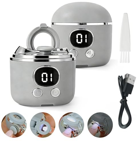 Coupe Ongle Electrique 3 en 1, Lime a Ongle Electrique, Ongles Automatique avec Polissage Lumière LED et Rangement, coupe et meulage automatiques avec 3 Vitesses, rechargeable par USB (Gris clair)