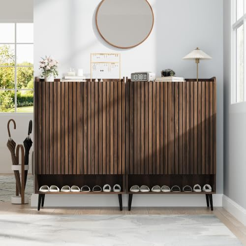 Garvee Armario Zapatero de 6 Niveles – Mueble recibidor Moderno con Puertas, estantes Ajustables y Ganchos – Almacenaje para 30 Pares – para Entrada, Pasillo o Dormitorio – Color Nogal Oscuro