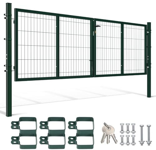 Trädgårdsgrindmetall, dubbelbladig trädgårdsdörr, 300 x 100 cm, fyrkantsrör, lapptäcke, för boendeanläggning/trädgård, för stavmattstaket (grön).