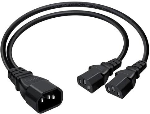 C14 to 2x C13 Power Splitter Cable, IEC 60320 Y Splitter Extension Lead, 3x0.75mm² Heavy Duty Kettle Lead for PDU, UPS, Computer, Monitor & Server (60CM)