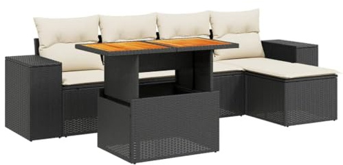 HFXHIJXQ 6-TLG. Gartenmöbel Set Schwarz PE-Rattan Sofa Garnitur mit höhenverstellbarem Akazienholz-Tisch 110 kg Belastbarkeit platzsparendes Balkonlounge für Garten Balkon Terrasse
