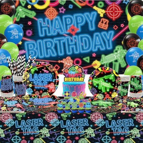 Laser Tag Party Decorations, Laser Tag Party Supplies, Plates Cups Napkins Tablecloth Neon Glow theme Backdrop Balloon Cake Toppers for Shooting Game Neon Glow Party Supplies, Serves 20