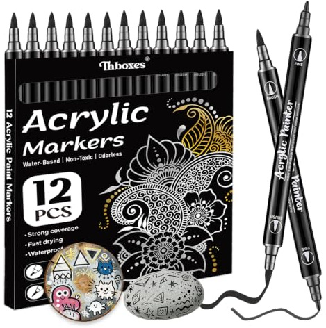 Thboxes Black Acrylic Paint Pens, Dual Tip Markers, Pack of 12 | 1.5 mm Fine Tip + 1-5 mm Brush Tip, Water-Based Ink, Quick-Drying, Waterproof, for Rock Glass Wood Fabric and Crafts