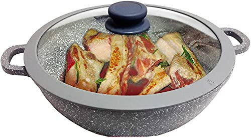 Euronovità EN-20032 Padella Griglia Tegame Wok con Manici, Pietra, Grigio, 24 cm x h.7 cm