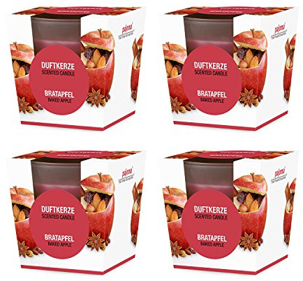 pajoma® Duftkerze 4er Set, Bratapfel - im satinierten Glas | 4x 120g Wachsgewicht, Brenndauer: 25 Stunden, in edler Geschenkverpackung | Premium Qualität
