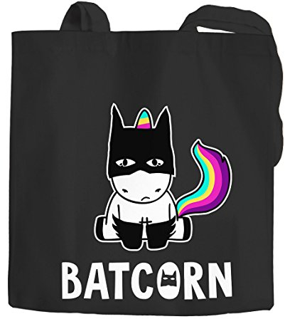 MoonWorks Jutebeutel Batcorn Einhorn Unicorn Baumwolltasche Stoffbeutel Tragetasche schwarz 2 lange Henkel