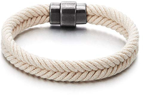 COOLSTEELANDBEYOND Blanc Coton Corde Tressé Bracelet- Femme Homme Envelopper Bracelet avec -Accessoires d'été