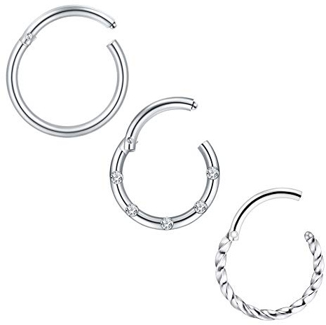 Mayhoop 3Pièces Piercing Nez Septum Anneaux Acier 16G 10mm Argent Chirurgical avec Zircon Anneau Segmenté Piercing Daith Helix Tragus Cartilage Levre Sourcil Bijoux de Piercing