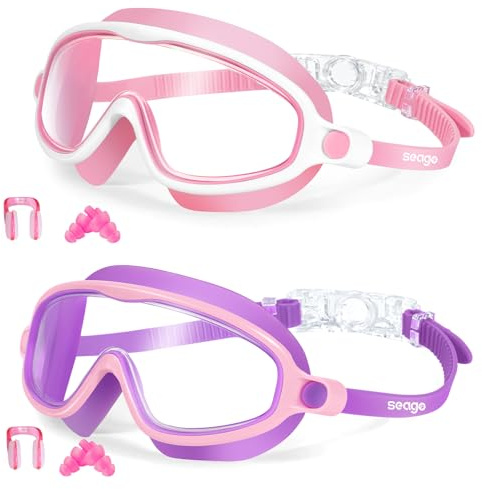 Kids Goggles for Swimming 2 Pack No Leaking Anti-Fog Outer Eye Fit with Wide View UV Protection Crystal Clear Watertight Swim Goggles with nose cover Suitable for Children Youth Boys Girls Age 3 to 14