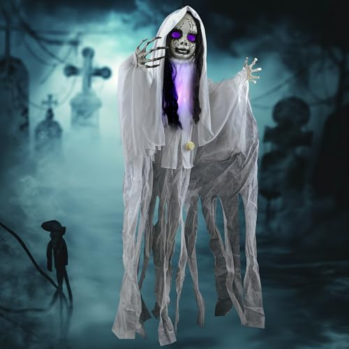 JOYIN 43 Outdoor Halloween Decoration, Scary Girl Hanging Ghost Decor Sound Activated with Light-up Head for Yard, Patio, Haunted House Lawn Garden