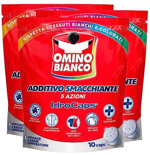 Omino Bianco - Additivo Smacchiante Lavatrice 5 Azioni in 1 Idrocaps, Capsule Idrosolubili per Bucato, Smacchiatore Igienizzante, 3 Confezioni x 10 Caps