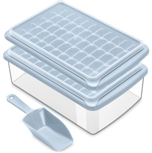 ARTLEO Ice Cube Maker Trays for Freezer with Lid and Storage Box, Easy Release 55 Mini Nugget Ice Cubes Tray with Cover, Ice Holder, Scooper, Flexible Durable Plastic Ice Mold & Bin, BPA Free 2 Pack