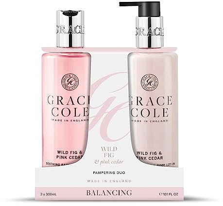 Grace Cole Wild Fig & Pink Cedar Scented Body Care Duo Gift Set 1 x Bath & Shower Gel 300ml, 1 x Hand & Body Lotion 300ml - Essential Oils - Vegan - Made In England