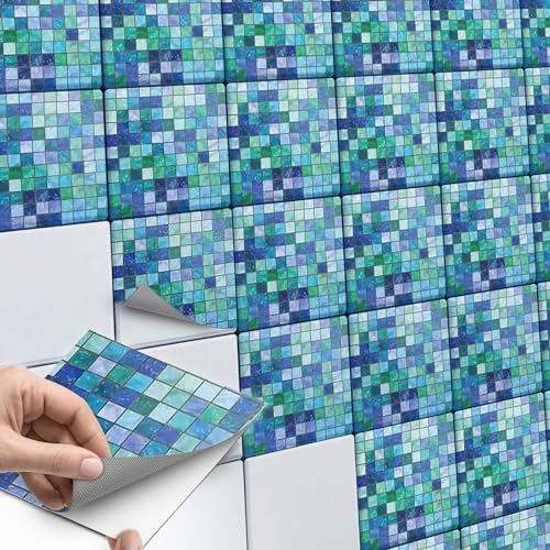 40 Stück Fliesenaufkleber, Mosaikfliesen 20x20 cm für Küche und Bad - Fliesenfolie, Klebefliesen selbstklebend - SET // Design: Mosaik Grün-Blau
