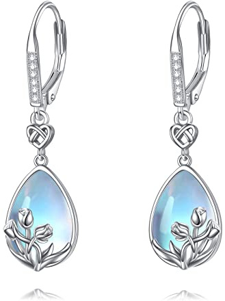 YFN Mondstein Ohrringe Damen 925 Sterling Silber Tulpe Blumen Anhänger Zierliche Träne Tropfen Hängend Ohrring Mit Herz Knoten Leverback Schmuck Geschenke für Frauen Mädchen Mutter