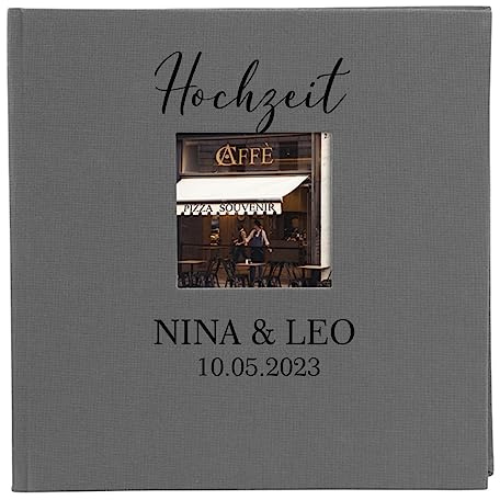 AWASG Fotobuch zum selbstgestalten einkleben mit Name | Fotoalbum 25x25 cm personalisiert mit Wunschtext | Album aus Leinen 60 Seiten weiß | Kommunion Hochzeit Taufe & Co. (dunkelgrau)