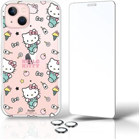 Personalaizer Coque mobile iPhone 13 + verre trempé + films de protection d'objectif d'appareil photo Coque mobile iPhone 13 Design original Coque en silicone (Hello Kitty Patron Stickers)
