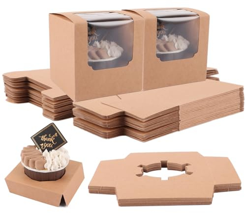 VIDETOL 100 Stück Cupcake Box Kraftpapier, 9 x 9 x 9 cm Kuchenkarton, Kuchenbox Pappe mit Sichtfenster und Einsätze, Braun Gebäckkarton für Kuchen, Muffins und Dessert