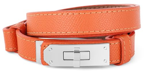 Swygoo Damen Ledergürtel, Mode Dünner Taillengürtel mit Zink Legierung -Twist Lock-Schnalle, Verstellbarer Damen-Taillengürtel für Jeans, Kleid, Hose, Hemd und Mantel (Silber, Orange)