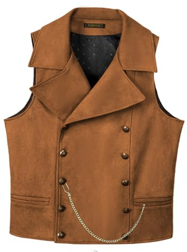 AeoTeokey Herren Anzug Wildleder Weste Zweireiher Klassische Cowboy Weste Kunstleder Großes Revers (Braun,XL)
