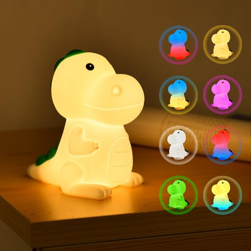 URAQT Veilleuse Enfant, 7 Couleurs 3 Luminosité LED Lampe en Silicone Dinosaure, Contrôle Tactile/Recharge USB Lampe de Chevet en Silicone, Dimmable Lampe Enfant pour Chambre, BéBé Chambre Cadeaux