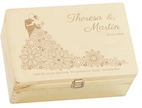 LAUBLUST Holzkiste zur Hochzeit - Personalisierte Hochzeitskiste Erinnerung - Blumenkleid | Geschenkkiste Personalisiert mit Gravur - FSC® (Natur mit Verschluss, ca. 30 x 20 x 14 cm | M)