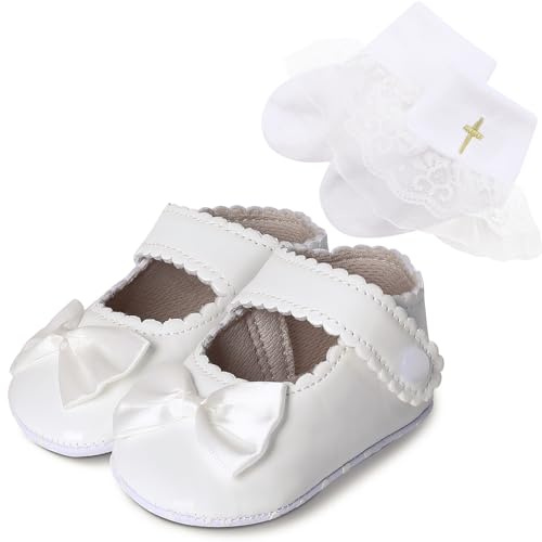 AGJ Baby Girls Baptism Shoes Toddler Bowknot Mary Jane Shoes Infant Christening Wedding Princess Dress Flats First Walking with Dedication Socks Set 3-6 Months