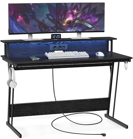 VASAGLE Schreibtisch, Gaming Tisch mit eingebauter Steckdosenleiste, Computertisch, mit Monitorständer für 2 Monitore, Schlafzimmer, 55 x 135 x 76 cm, ebenholzschwarz LWD117B01