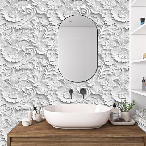 ReWallpaper 44.5cm×7m Fototapete 3d Effekt Modern Tapete Blumen Selbstklebend Folie für Möbel Weiß Tapeten Wohnzimmer Modern Selbstklebende Folie Weiß Struktur Klebefolie Küchenschränke