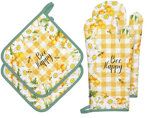 Arquiel Ofenhandschuh und Topflappen 4er Set, 100% Baumwolle Kochhandschuhe, Hitzebeständiger Küchenhandschuh Zum Kochen Backen Grillen Geschenk,Gänseblümchenbiene