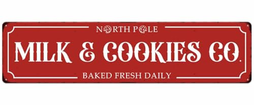 Cartel de metal de Navidad con texto en inglés North Pole Milk Cookies Co Baked Fresh Daily Vintage Print para el hogar, cocina, patio, cafetería, bar, decoración de pared, regalo novedoso, 16 x 4
