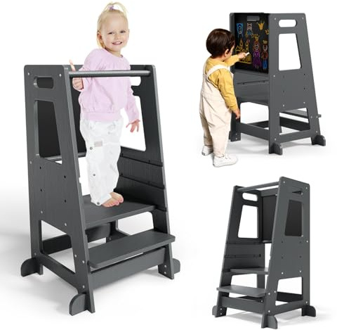 Helangel Torre de Aprendizaje Montessori 3 en 1 con Pizarra - Torre Auxiliar de Cocina Ajustable con Barra de Seguridad, Escalera de Madera Natural para niños Mayores de 18 Meses (Capacidad de 80 kg)