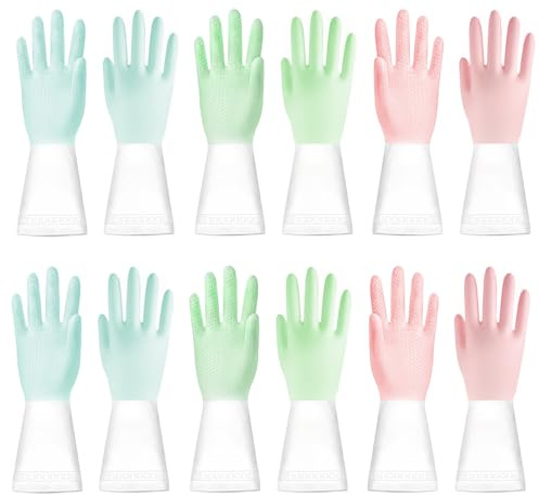 Abwaschhandschuhe, 6 Paar Latexfreie Reinigungshandschuhe Küchenhandschuhe, Wiederverwendbare lange Gummihandschuhe Anti-Rutsch Wasserdichte Handschuhe für Haushalt Gartenarbeiten Wäsche Unkraut jäten