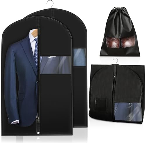 Cheerhom Kleidersack Anzug 100 x 60cm, 2 Stück Anzugtasche Herren mit 1 Stück Schuhtaschen, Herren Kleidersäcke Schwarz mit Reißverschluss, Kleiderhüllen Lang für Anzüge, Kleider, Abendkleider