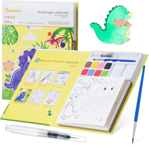 18 Seiten Aquarell Ausmalbuch für Kinder ab 3 bis 12 Jahren, Malen mit Wasserbüchern für Kleinkinder, Kinder-Malblock-Set mit Farben und Pinsel, Kunsthandwerksgeschenk zum Zeichnen (Dinosaurier)
