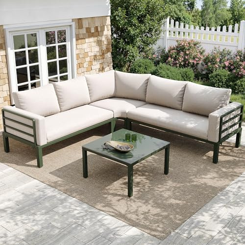 Merax Gartenmöbel Set 4-Personen, Sitzgruppe Gartenlounge mit Kissen & Tisch, Outdoor Ecksofa-Set aus verzinktem Eisen, Tischplatte aus Glas, Möbel wetterfest für Garten Balkon Terrasse, Grün & Beige