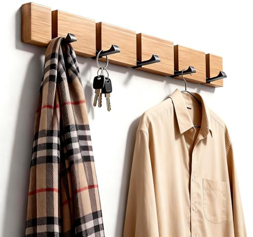 EHIOG Kleiderhaken Wandmontage aus Holz, klappbarer Wandhaken mit 5 ausziehbaren Haken, selbstklebend oder zum Bohren, stabile Garderobenleiste für Jacken, Taschen und Hüte