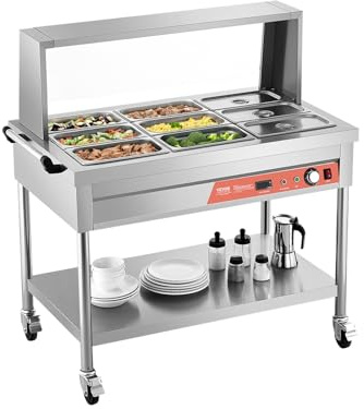VEVOR 9-Pan Commercial Food Warmer, 9 x 1/3 Pans Electric Steam Table, 1500W Professional Buffet Catering Food Warmer with Shield Undershelf Wheels, Stainless Steel Server for Party Restaurant