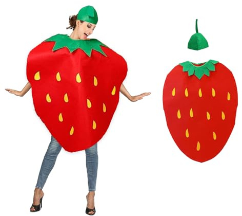WENJION - Disfraz de fresa para adultos, divertido disfraz con tocado, cosplay colorido de fresa para hombres y mujeres, ideal para el Día Mundial del Libro, Halloween, juegos de rol, fiestas