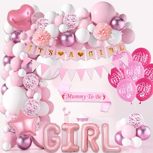 Sroeeshee Baby Shower Decorations for Girls - 115 Pieces IT’S A Girl Banners and Pennant Flags Garland Kit, Mummy to Be Sash Pom Poms Star Heart Foil Balloons for Newborn Gender Reveal Party Supplies