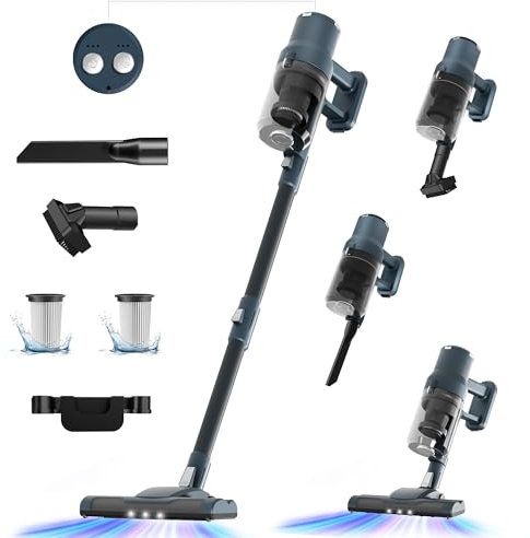 6-in-1 Aspirapolvere senza Fili, 30KPa 45Min Scopa Elettrica senza Fili, Aspirapolvere senza Filo Ultraleggero, LED, Anti-Groviglio, Filtro HEPA, Aspirapolvere Potente per Pavimenti Tappeti Animali