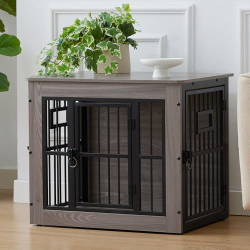 Gardner Pet 69cm Cage pour Chien, Grande Table d'Appoint pour Cages pour Chien, Cage en Bois avec 3 Porte d'alimentation Supérieure，3 Portes，69x51x60cm, Gris
