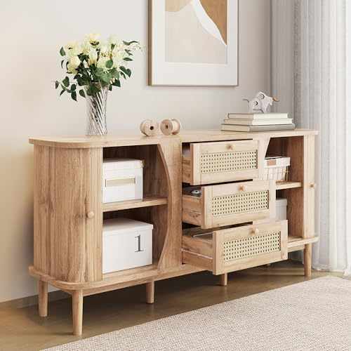 Rosebibi Aparador de ratán, cómoda con puertas correderas, estantes ajustables y placa redondeada