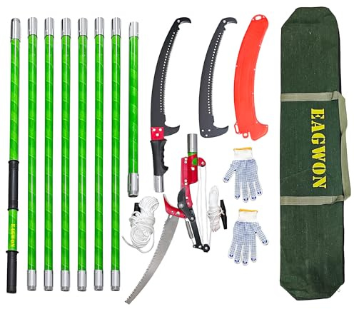 EAGWON Manual Pole Saw, 7.3-27 ft Extendable Tree Pruner, Sharp Steel Blade & Scissors for High Branches Trimming, Lightweight 8 Fiberglass Handles, Ideal for Backyard/Garden Palm & Shrub Pruning