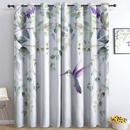 Cameretta Tende Fonoassorbenti Animali Uccelli Fiori Semplice Tende Oscuranti con Occhielli Termiche per Soggiorno e Camera da Letto Decorazione per Finestre, Set da 2 Pezzi, 140 x 260 cm, Verde