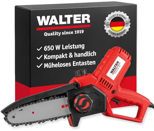 WALTER Kompakte Mini Kettensäge Elektro 650W, 20 cm Schwert, Astsäge | 185 mm Schnittlänge, werkzeugloser Kettenwechsel, 7,9 m/s Kettengeschwindigkeit, 4800 U/min elektrisch, Garten, Holz, DIY