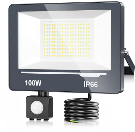 TOPAUBUB LED Strahler mit Bewegungsmelder Außen 100W, LED Scheinwerfer mit Bewegungsmelder 10000LM Super Hell, 6500K Kaltweiß, IP66 Wasserdicht, Sicherheitsbeleuchtung für Garten/Hof 1 Stücke